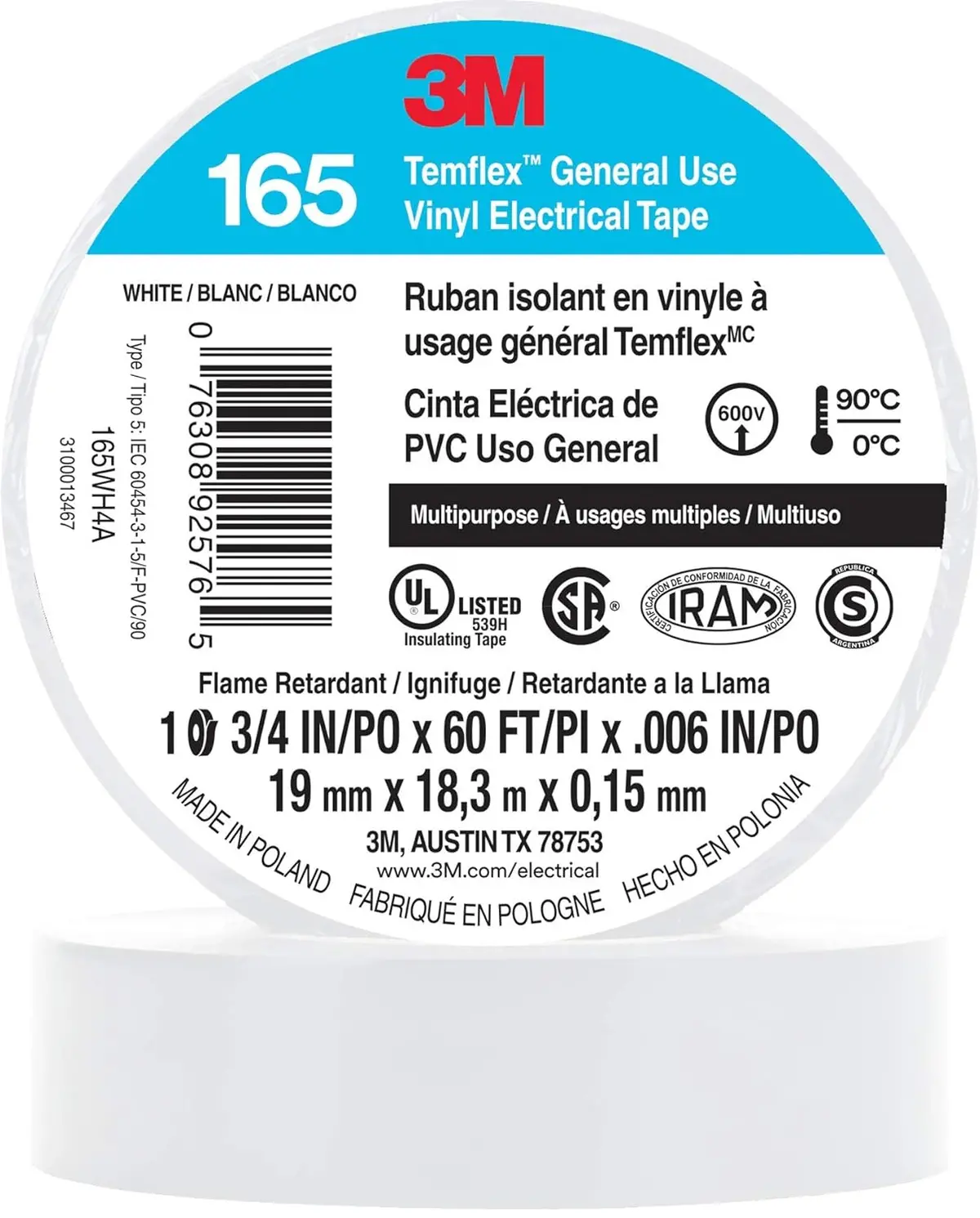 3M Temflex Multi-Purpose Vinyl Electrical Tape 165, White, 3/4 In X 60 Ft , 10 Roll Pack 2