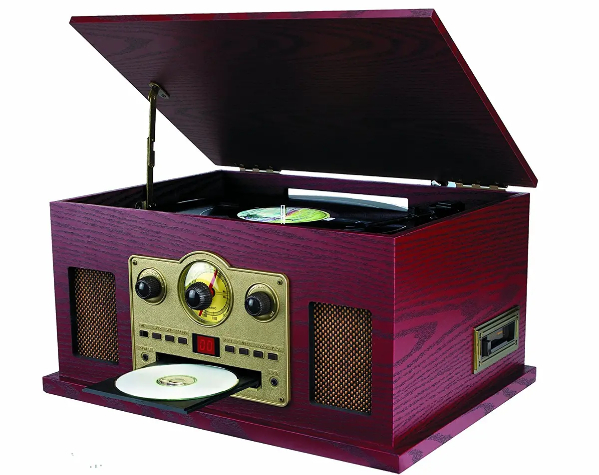 Sylvania Srcd838 5-In-1 Nostalgic Turntable With Cd, Cassette, Radio, Aux-In 1