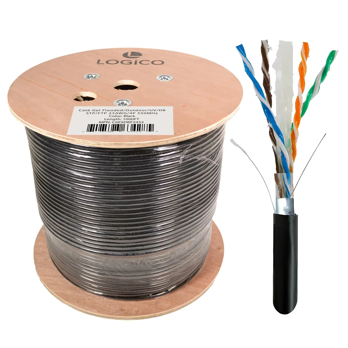 Logico C6esdbf2452 1000Ft Cat6 Shielded Ethernet Cable Outdoor Direct Burial Gel 23Awg Pure Copper 1
