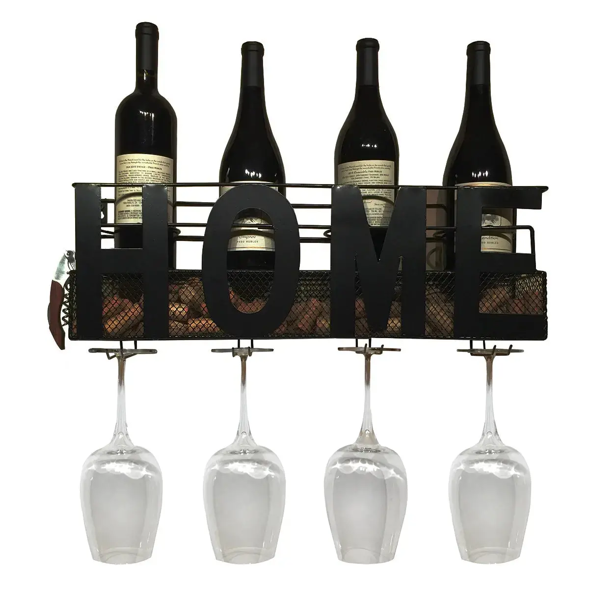 Home Wall Mounted Hanging Wine Rack & Cork Holder For 4 Bottles And 4 Wine Glasses 1