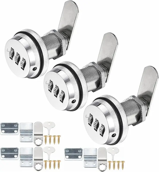 3 Pack Combination Cabinet Cam Lock Password Coded Lock With 1-1/8'' Cylinder And Chrome Finish, Security Combi-Cam Lock For Cabinet Filing Drawers Mailbox, Silver 1