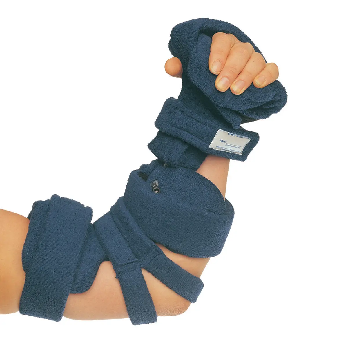 Comfysplints Spring Loaded Goniometer Elbow W/Full Hand Attachment Adult Navy Blue Terry Cloth 1