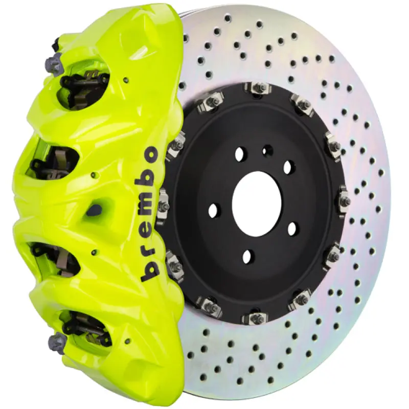 Brembo Gt Big Brake Kit For 2020+ Tesla Model Y – Front 6-Piston Calipers, 380X34Mm Two-Piece Drilled Rotors In Fluorescent Yellow 1